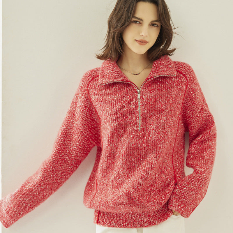 Five-strand Thickened Arabesquitic Fabric Stand Collar Cashmere Sweater Women's Autumn And Winter Half-open Collar Loose And Idle Bottoming Shirt