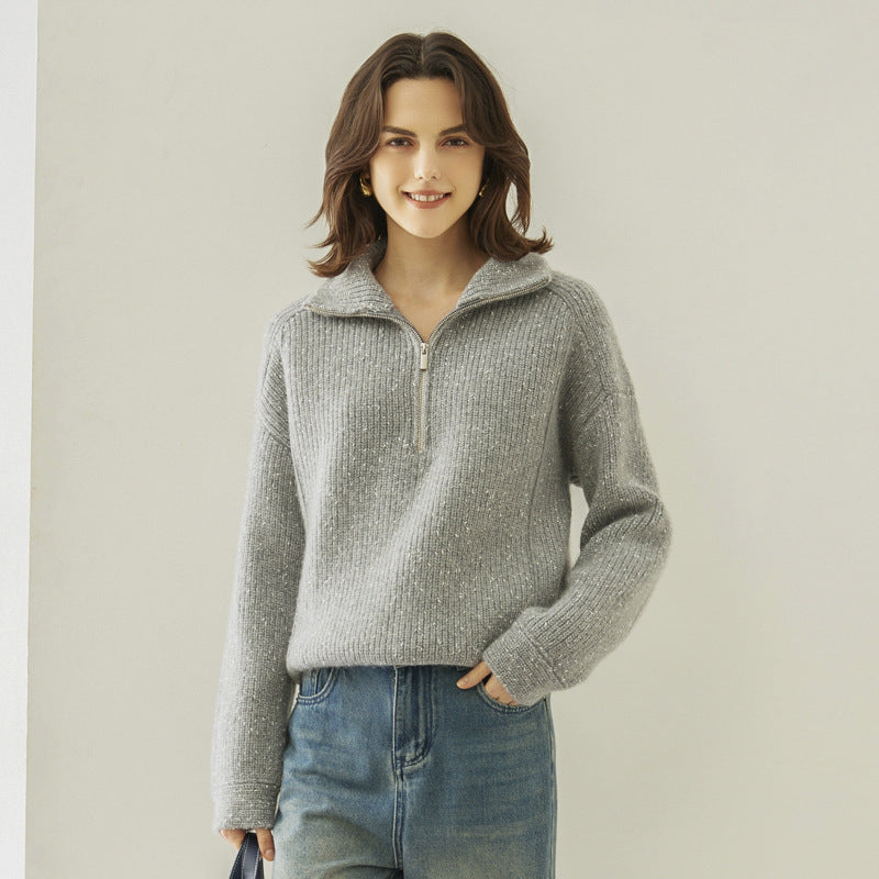 Five-strand Thickened Arabesquitic Fabric Stand Collar Cashmere Sweater Women's Autumn And Winter Half-open Collar Loose And Idle Bottoming Shirt