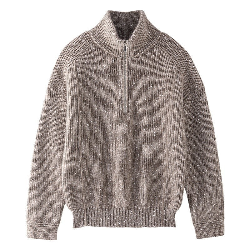 Five-strand Thickened Arabesquitic Fabric Stand Collar Cashmere Sweater Women's Autumn And Winter Half-open Collar Loose And Idle Bottoming Shirt