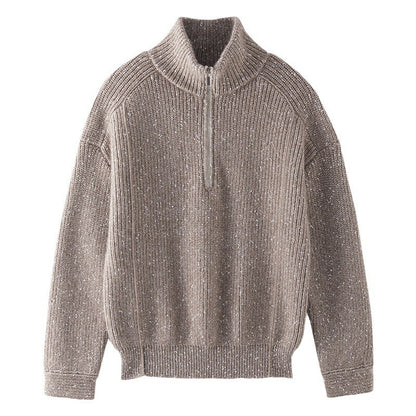Five-strand Thickened Arabesquitic Fabric Stand Collar Cashmere Sweater Women's Autumn And Winter Half-open Collar Loose And Idle Bottoming Shirt