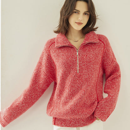 Five-strand Thickened Arabesquitic Fabric Stand Collar Cashmere Sweater Women's Autumn And Winter Half-open Collar Loose And Idle Bottoming Shirt