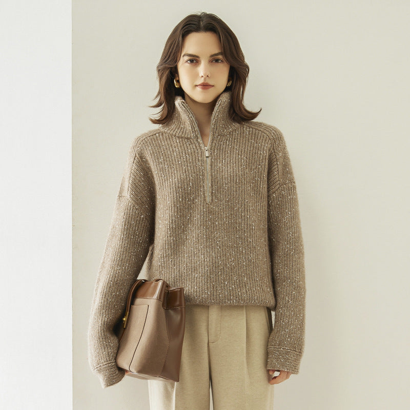 Five-strand Thickened Arabesquitic Fabric Stand Collar Cashmere Sweater Women's Autumn And Winter Half-open Collar Loose And Idle Bottoming Shirt