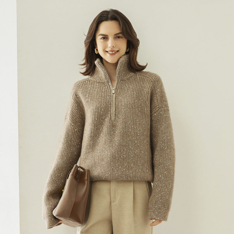 Five-strand Thickened Arabesquitic Fabric Stand Collar Cashmere Sweater Women's Autumn And Winter Half-open Collar Loose And Idle Bottoming Shirt