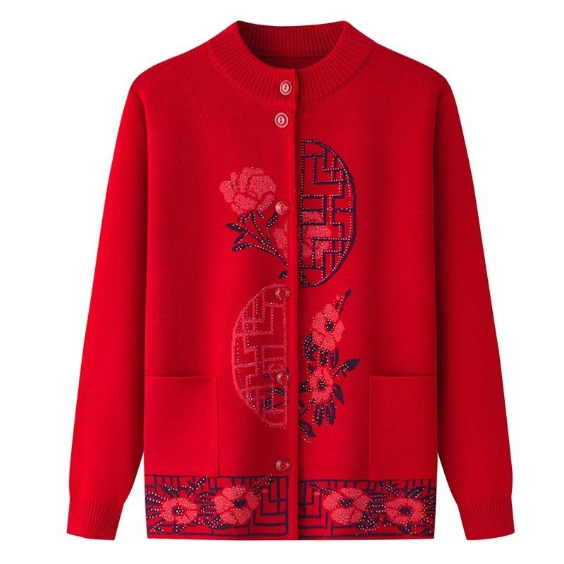 Spring Sweater Women Fleece-lined Knitting Cardigan Old Lady Autumn And Winter Clothes Women