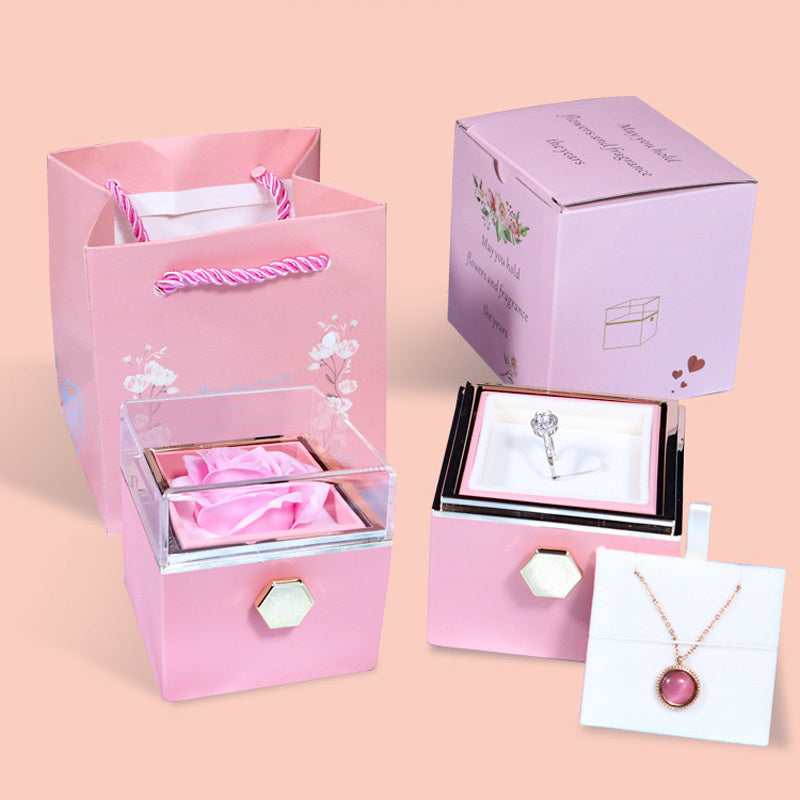 ✨Boîte Cadeau Rotative avec Rose Éternelle  Coffret Bijoux Élégant