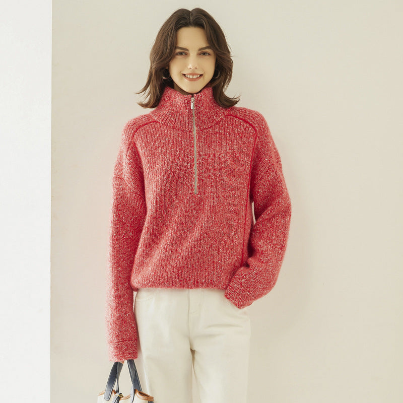 Five-strand Thickened Arabesquitic Fabric Stand Collar Cashmere Sweater Women's Autumn And Winter Half-open Collar Loose And Idle Bottoming Shirt