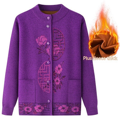Spring Sweater Women Fleece-lined Knitting Cardigan Old Lady Autumn And Winter Clothes Women